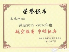 宋晓玲荣获2015-2016年度航空报国巾帼标兵